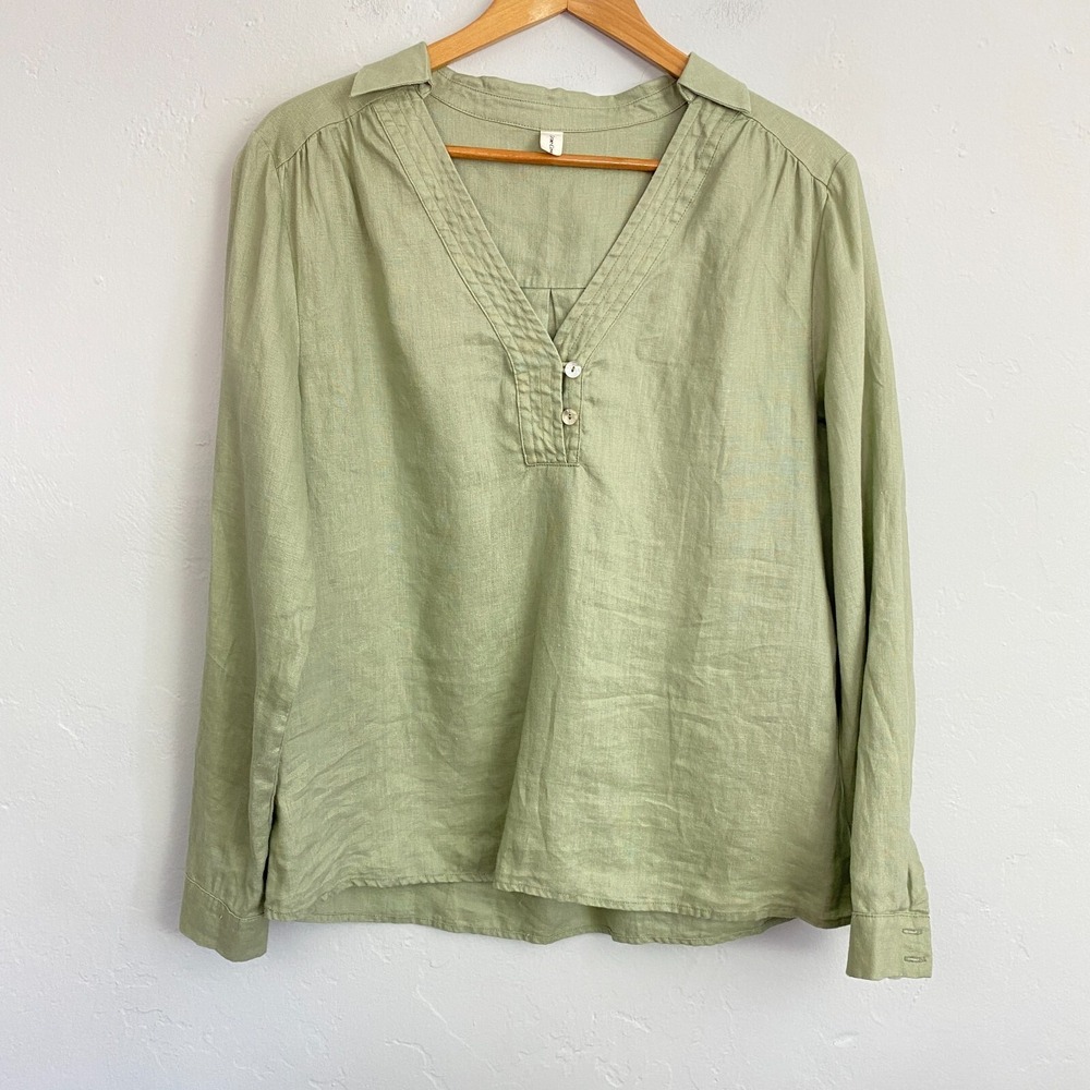 Grae Cove Linen Tunic Top Women Size Medium Sage Green Long Sleeve